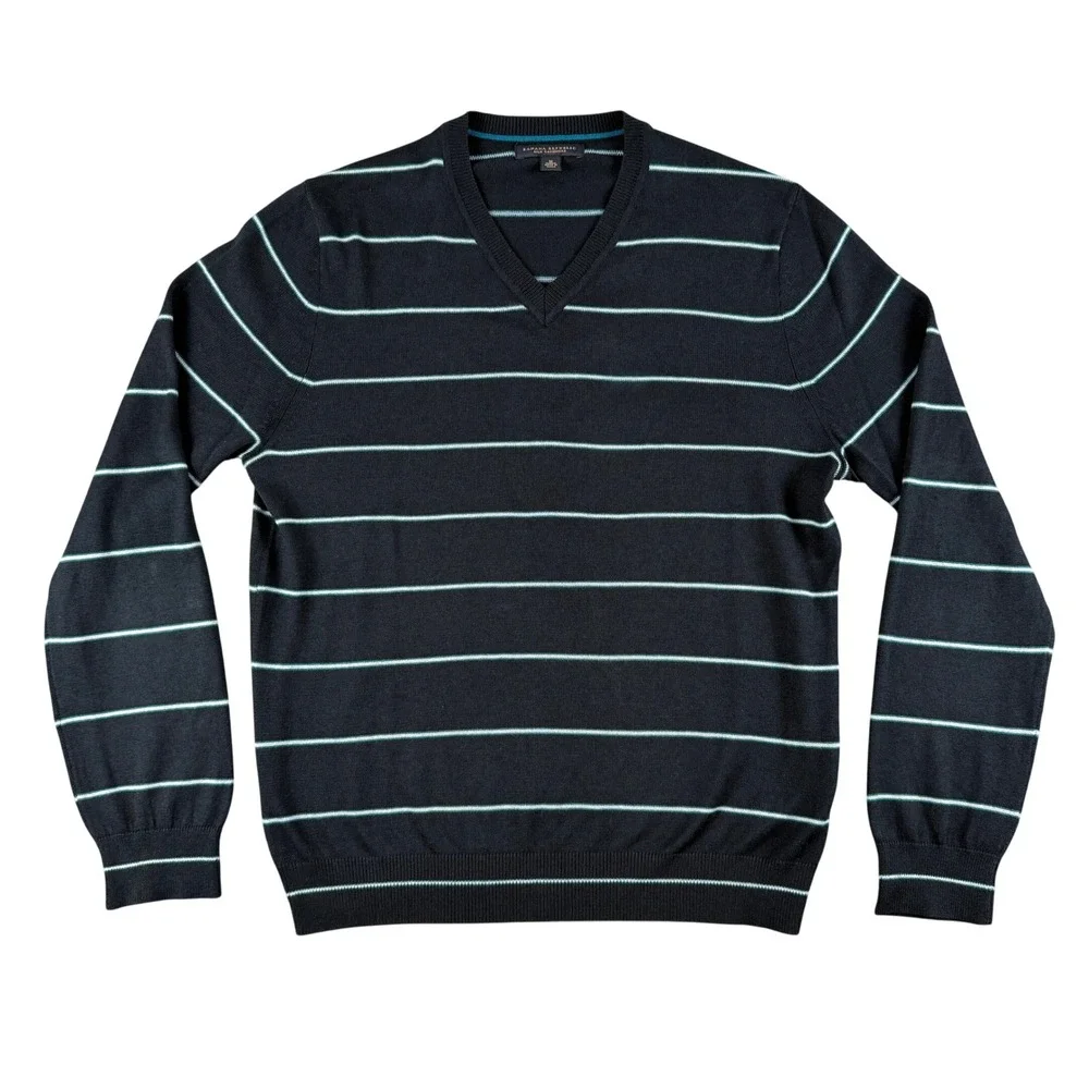 Banana Republic Sweater Mens M Black Blue‎ Striped V-Neck Silk Cashmere Knit